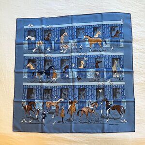 NWOT vintage blue Hermes Les Boxes silk scarf